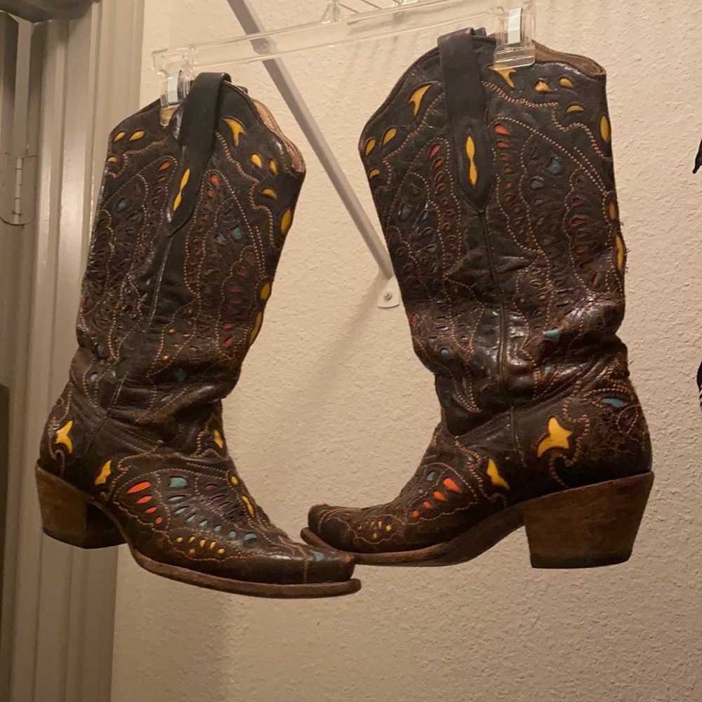 Corral butterfly Brown Leather Western Boots with Yellow, Red and Blue Accents